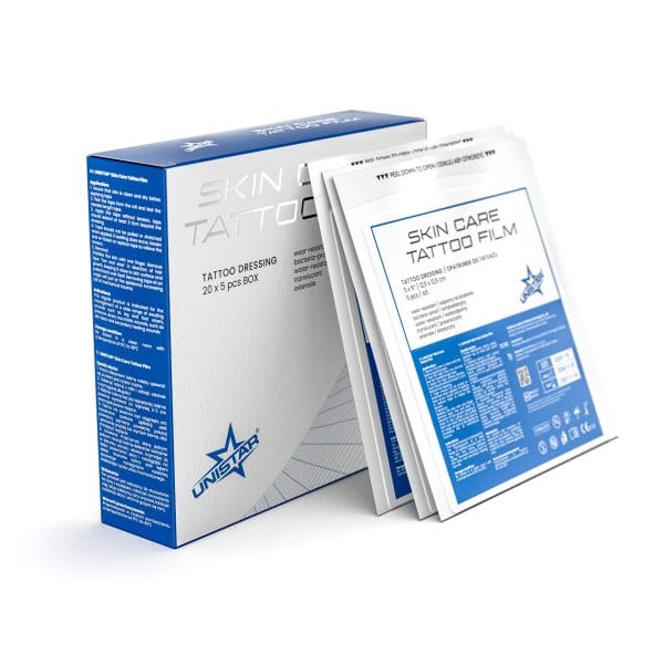UNISTAR Skin Care tattoo film dressing - 5 pieces - 12,5 x 12,5 cm produs pentru protectie si ingrijire tatuaj UNISTAR Skin Care tattoo film dressing - 5 pieces - 12,5 x 12,5 cm produs pentru protectie si ingrijire tatuaj