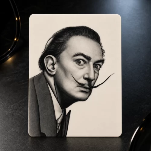 Piele artificială A5 cu portretul lui Dalí – liquid gold Piele artificială A5 pentru exersat, cu portretul lui Salvador Dalí
