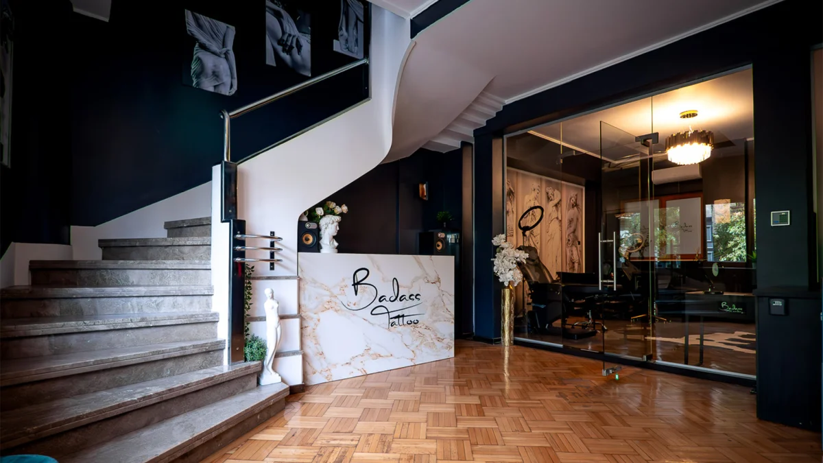 Badass Tattoo Bucharest studio reception, with the Badass Tattoo logo